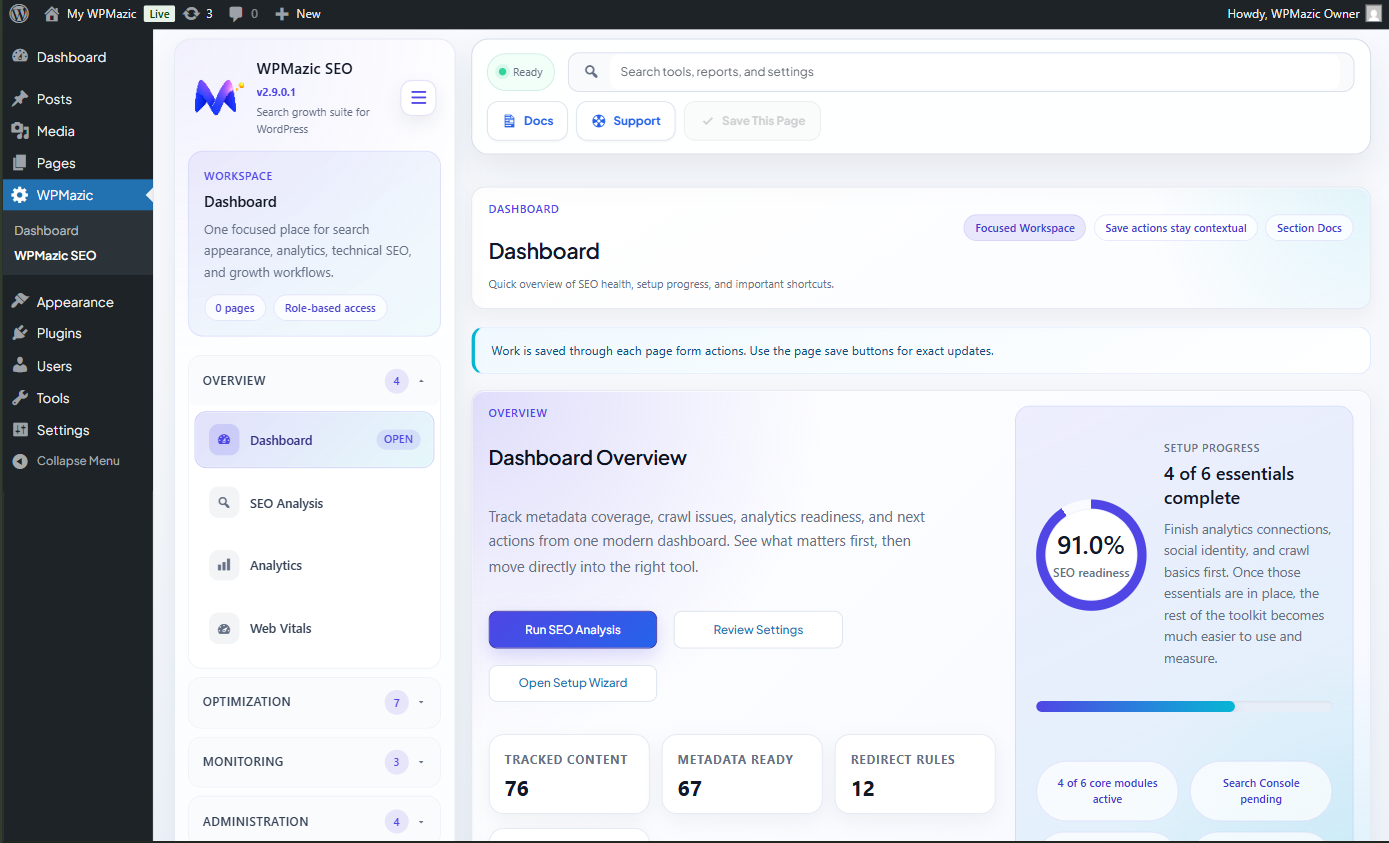 WPMazic SEO dashboard preview showing site health, crawlability, keywords, and security checks